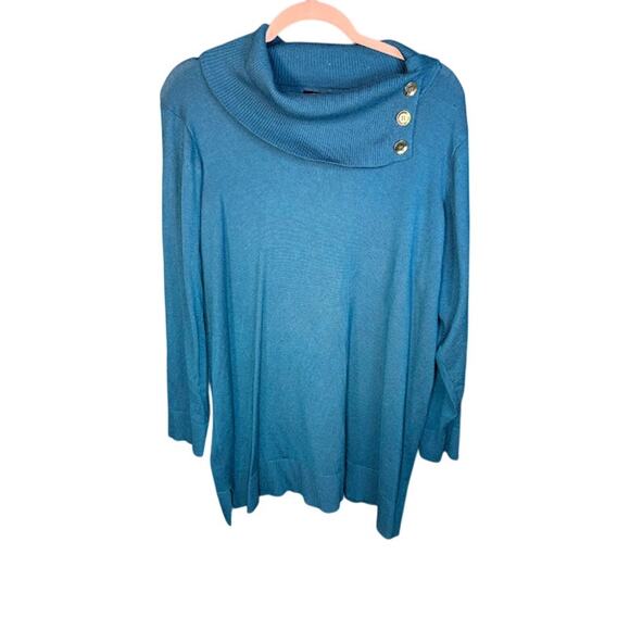 Cable & Gauge Sweater Women's Size 2X Wide Button Up Turtleneck Blue Office Wear - Picture 1 of 9